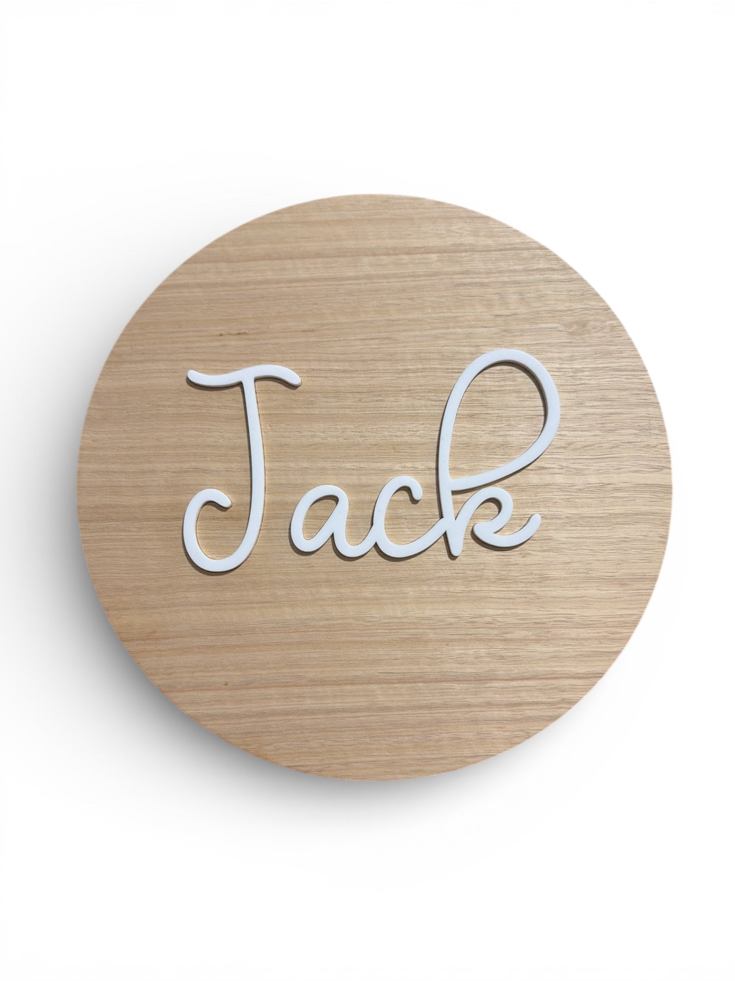 Personalised Round Door Sign – White Acrylic Name (28cm)